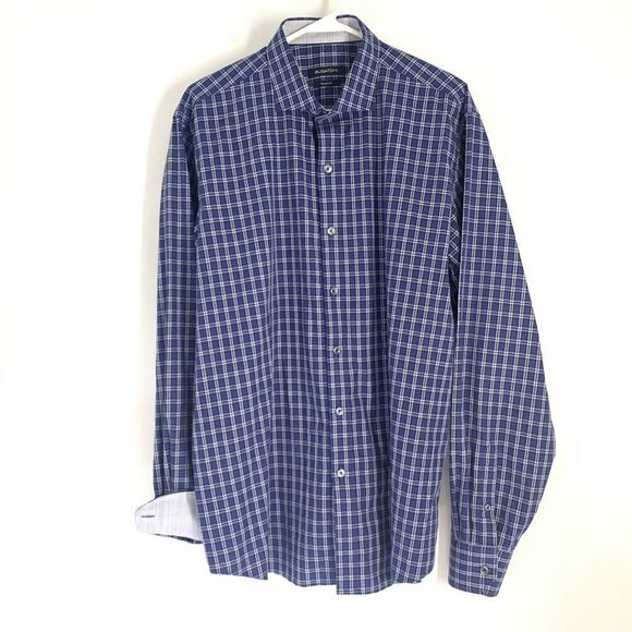 Bugatchi Blue White Black Plaid L/S Button Up Contrast Cuff Casual Shirt SzLarge - Picture 1 of 7